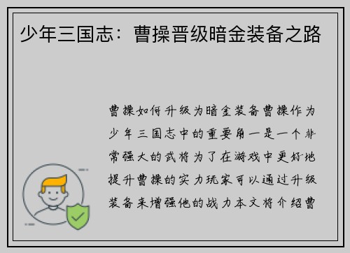 少年三国志：曹操晋级暗金装备之路